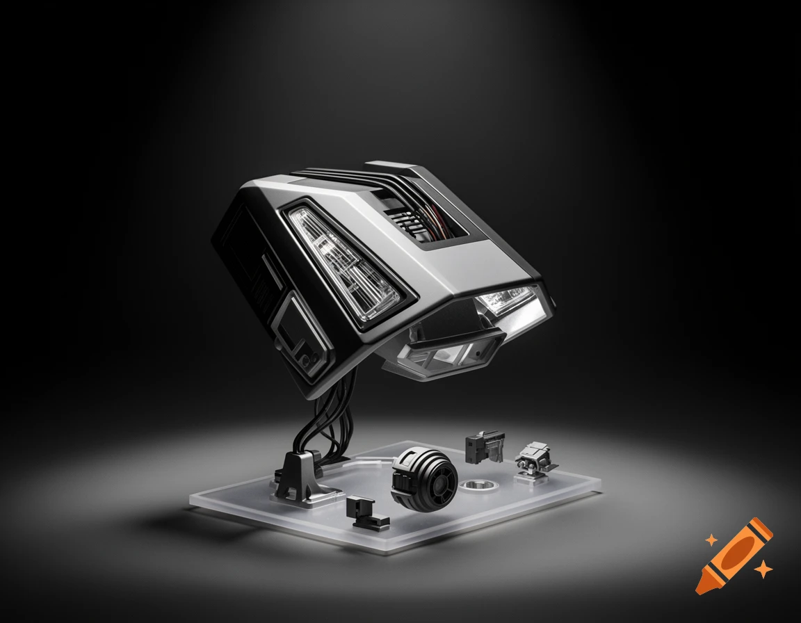 A sleek, futuristic black and silver prototype of a task light, presented on a clear base with smaller components against a dark background.