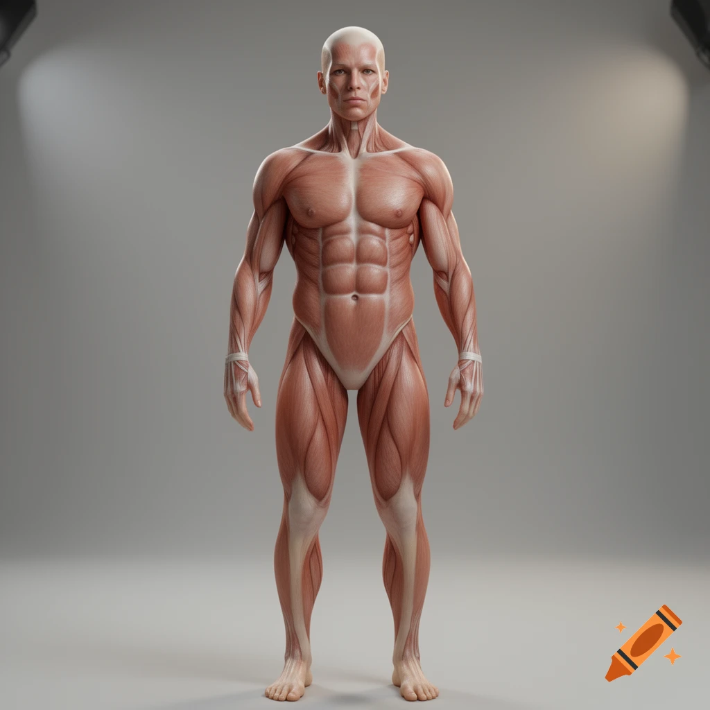 A detailed 3D rendering of a standing male human muscular system against a gray background.