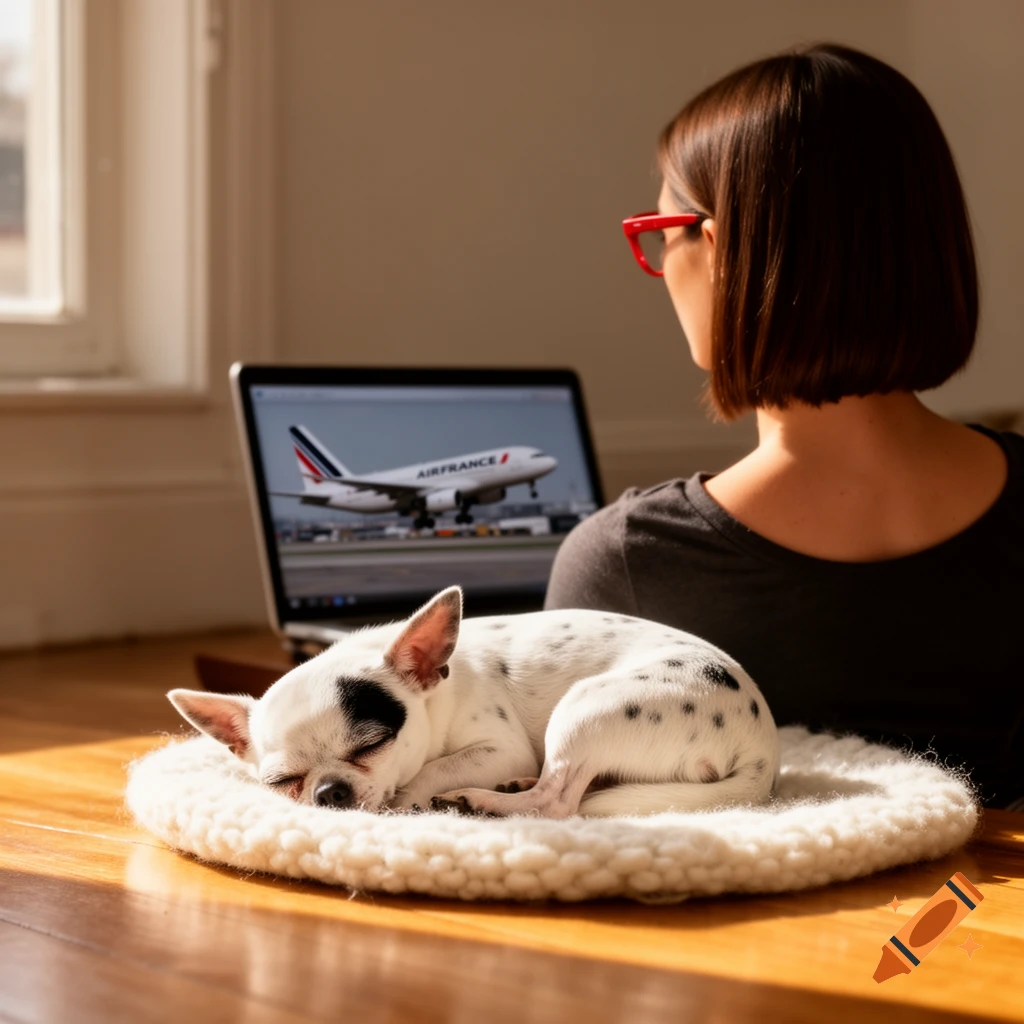 White Chihuahua sleeps on a bed on a wooden floor as a woman with red glasses watches an Air France plane on a laptop.