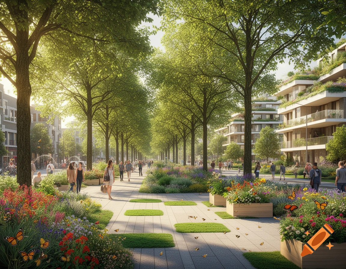 A sun-dappled, tree-lined urban park walkway with vibrant flowerbeds, people strolling, and modern buildings with green roofs.