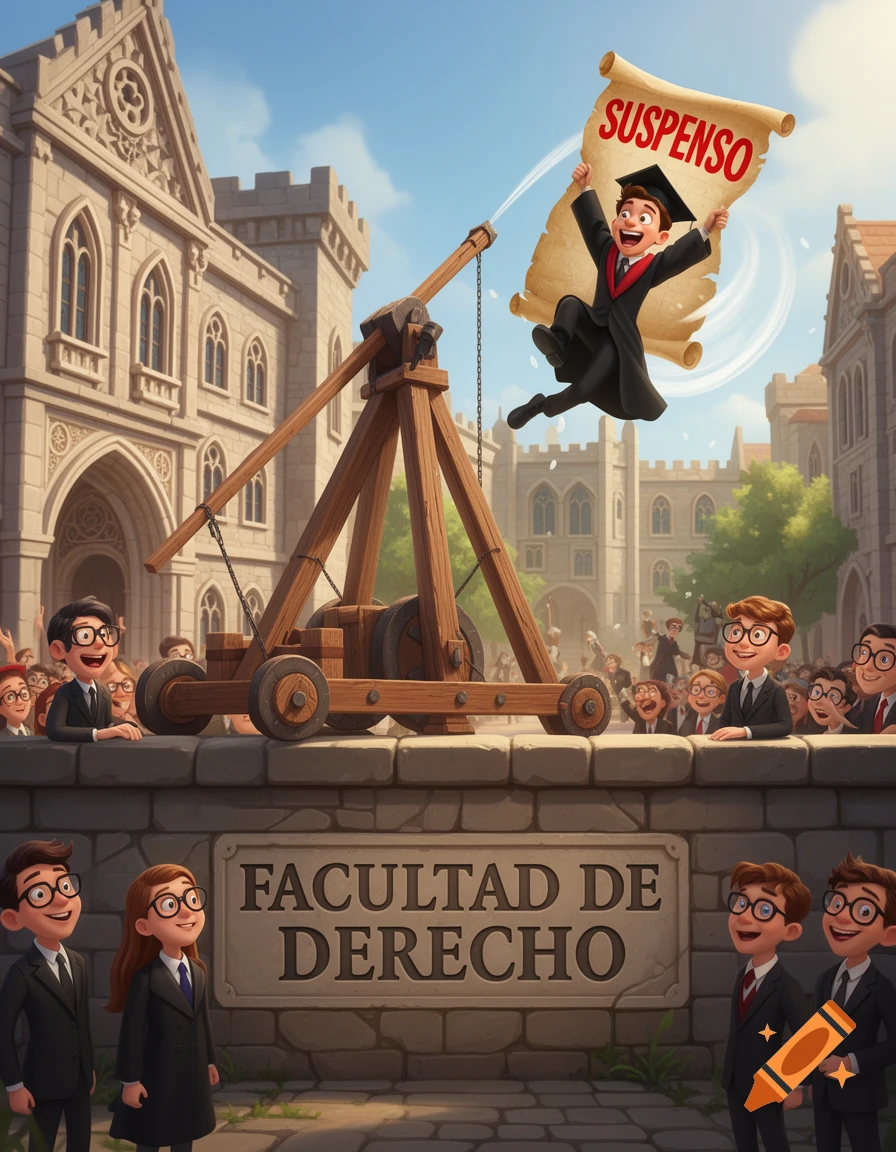 A whimsical cartoon shows a graduating student launched from a trebuchet over a wall labeled 'FACULTAD DE DERECHO', holding a 'SUSPENSO' scroll.