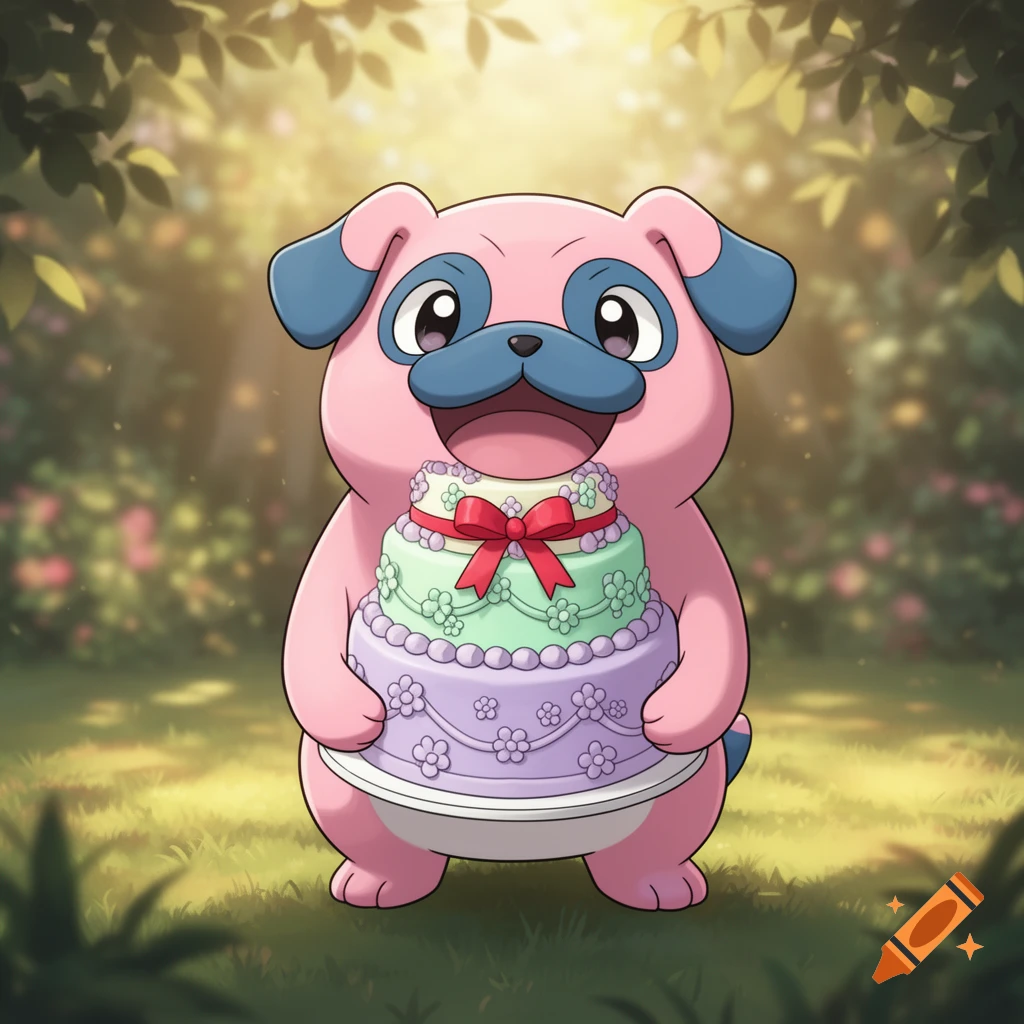 A cheerful pink cartoon dog-like creature resembling Snubbull holds a tiered cake in a sunny, leafy garden.