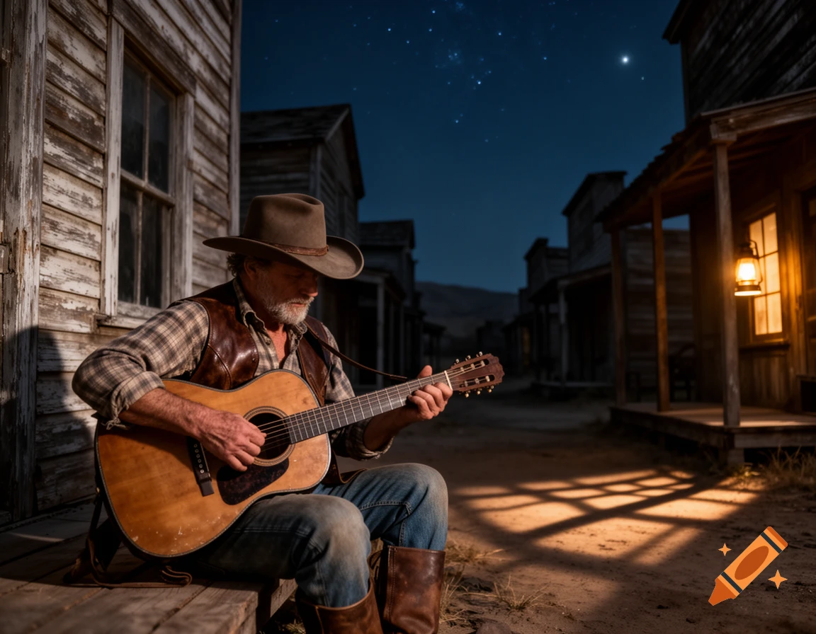 An old western cowboy plays a guitar at night in a deserted town, illuminated by a lantern.
