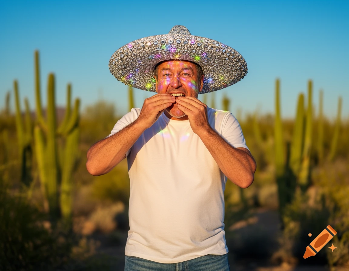 A man in a desert wears a shiny, diamond-covered sombrero, holding his hands to his mouth in a playful gesture.