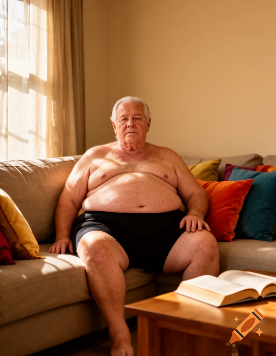 A shirtless, chubby older man sits on a brown sofa, looking at the viewer. He wears black shorts, with an open book on a coffee table in front of him. Photorealistic style.