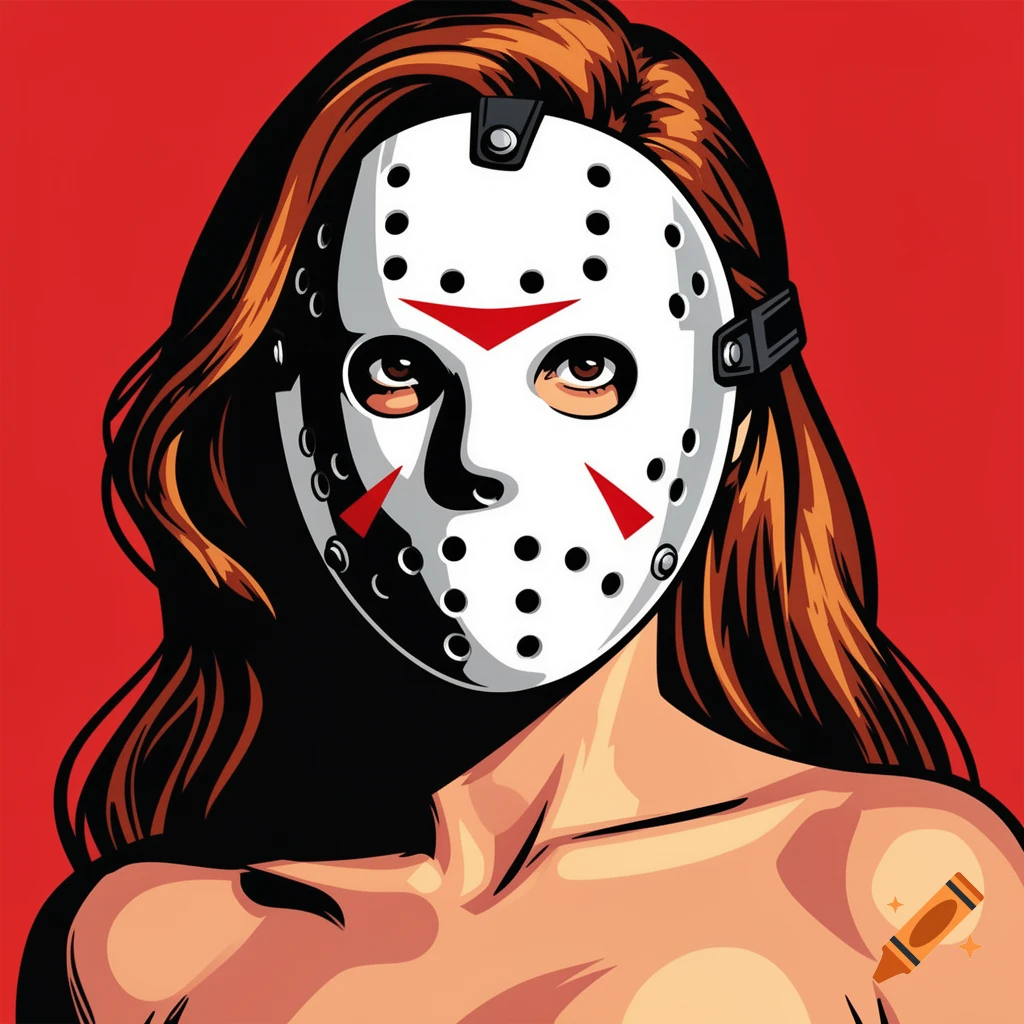 Pop art illustration of a woman with long brown hair, wearing a white Jason Voorhees hockey mask with red markings, over bare shoulders, against a red background.