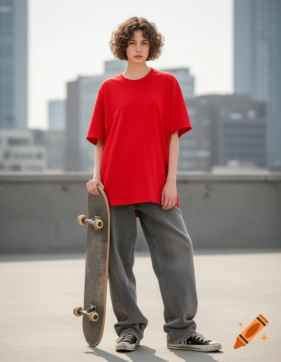 A young woman with short curly hair stands on an urban rooftop, wearing a red oversized t-shirt, grey baggy jeans, and black sneakers, holding a skateboard.