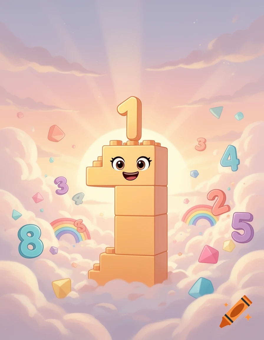 A cheerful, orange block character shaped like the number 1 floats in pastel clouds with a sunrise, rainbows, and other numbers.