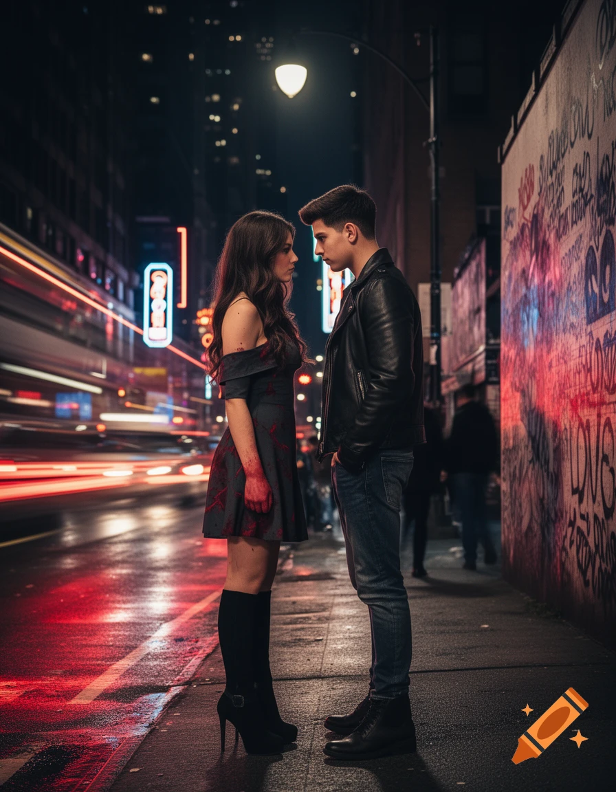 A man and a woman stare intently at each other on a wet city street at night, with neon lights and graffiti in the background. The woman's dress has red splatters.