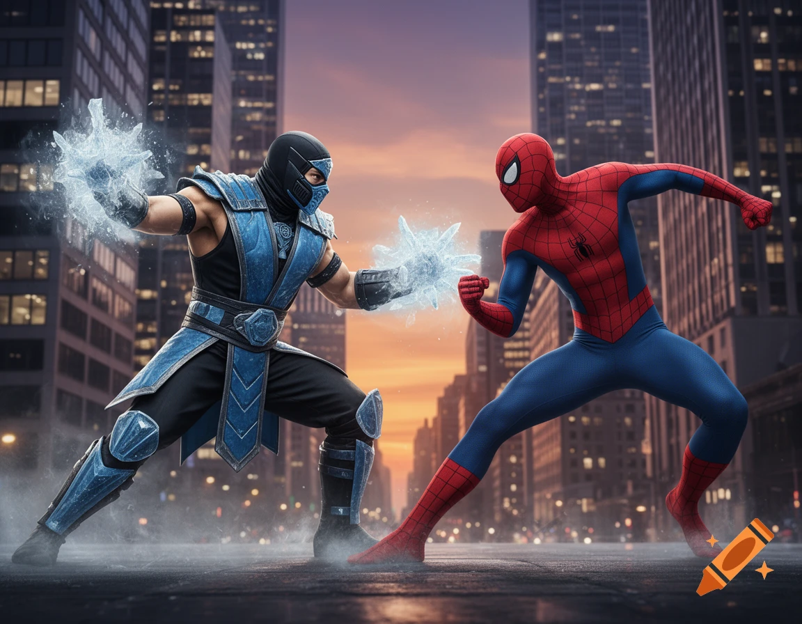 Sub-Zero from Mortal Kombat and Spider-Man confront each other in a dynamic fight pose on a city street at dusk.