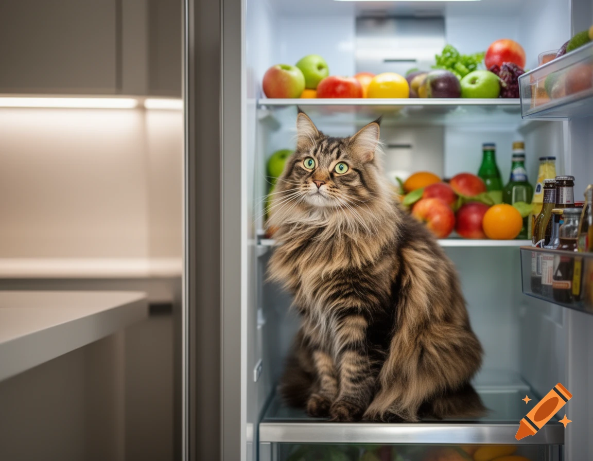 A fluffy brown tabby Norwegian forest cat with green eyes sits inside a brightly lit refrigerator filled with fresh fruits and bottled drinks.
