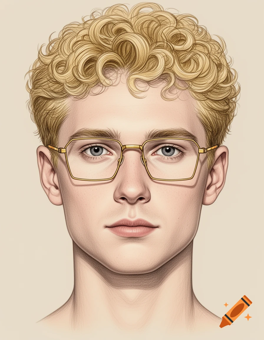 Front-facing forensic-style illustration of a white man with curly blonde hair and square gold-rimmed glasses, on a plain background.