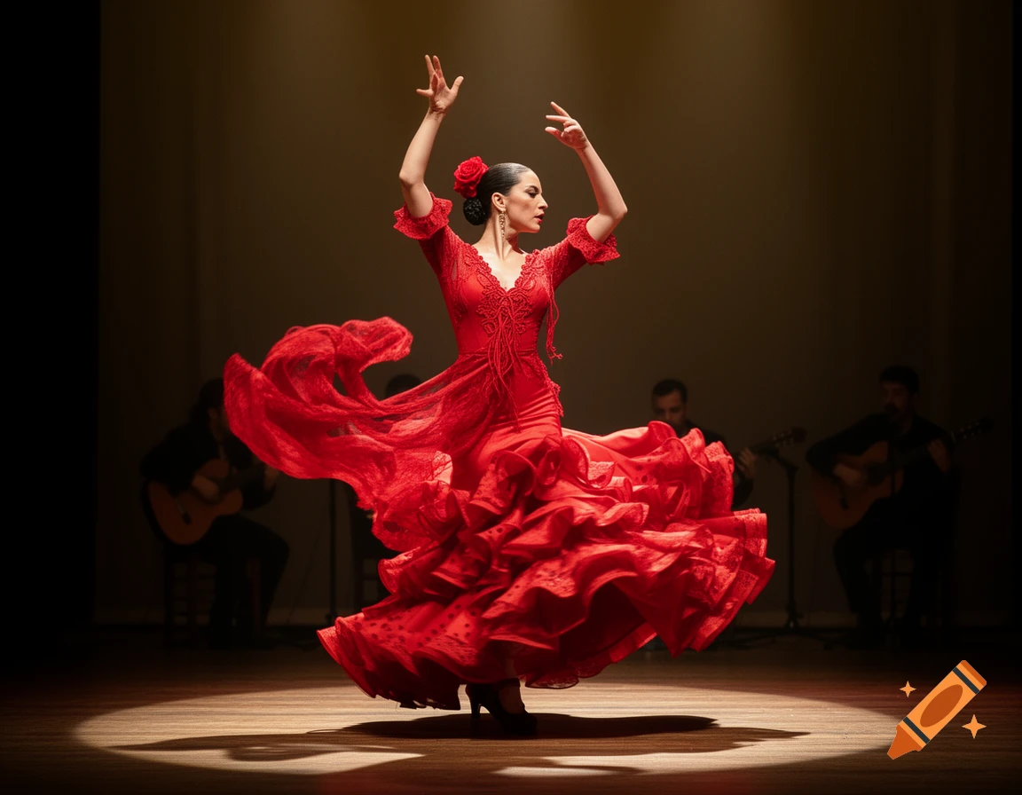 A flamenco dancer in a flowing red dress, arms raised, performs on a spotlighted stage with musicians in the background.