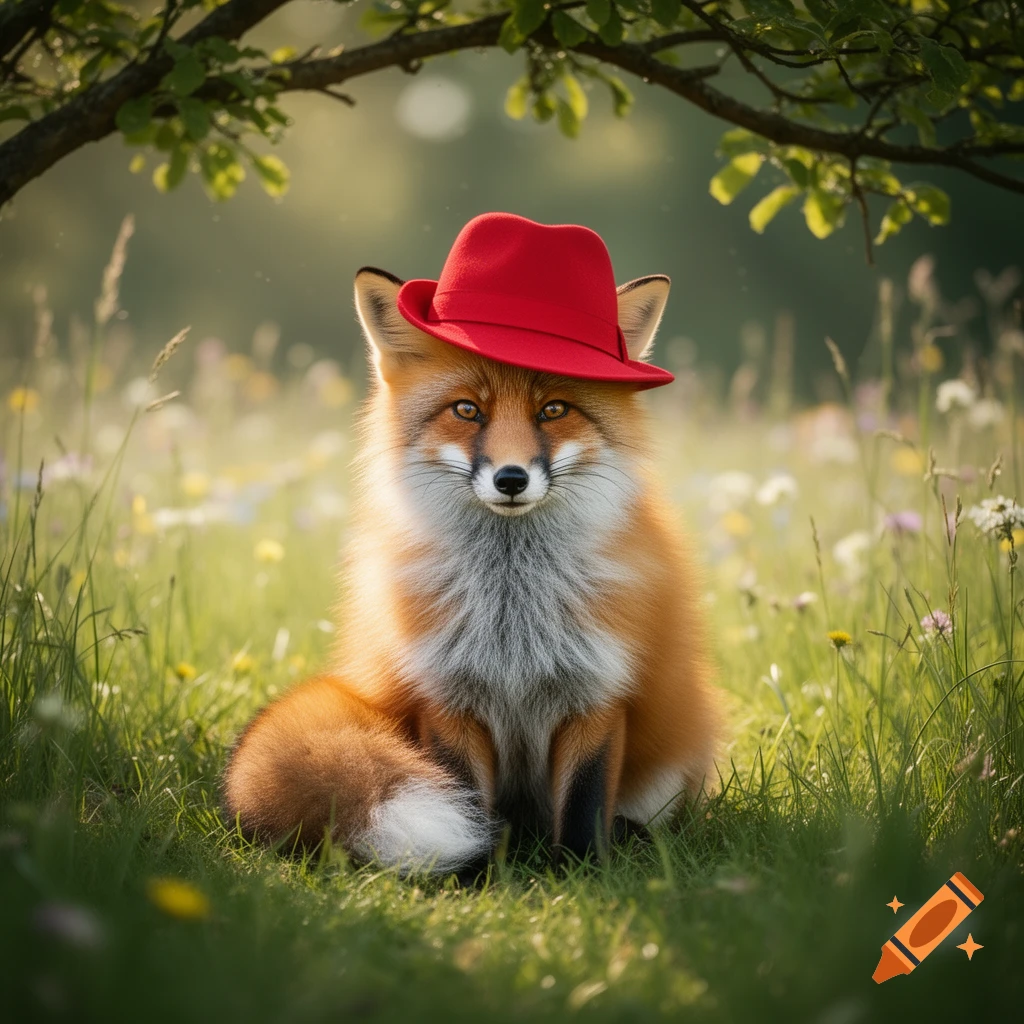 A photorealistic fox wearing a red hat sits in a sunny meadow under green tree branches.