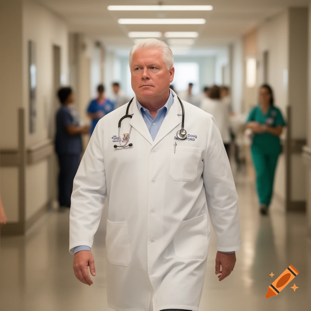 A serious-looking male doctor with gray hair and a stethoscope walks down a hospital hallway.