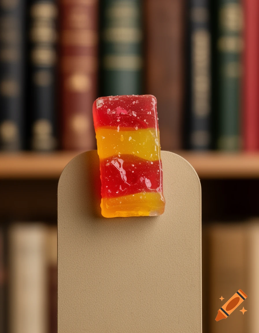 A red and yellow striped gummy candy with sugar coating rests on a light brown bookmark, with a blurry bookshelf in the background.