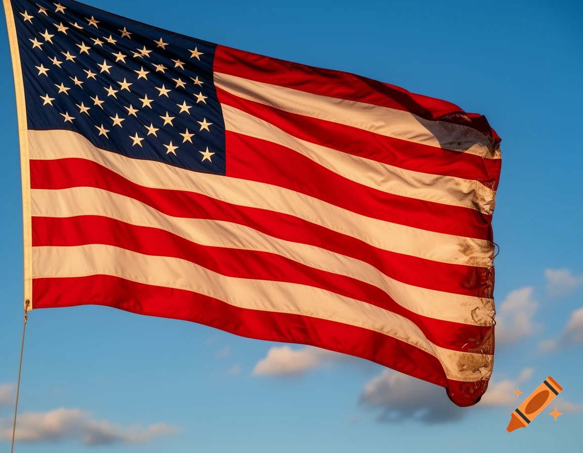 An American flag with red and white stripes and a blue field with white stars waves against a clear blue sky.
