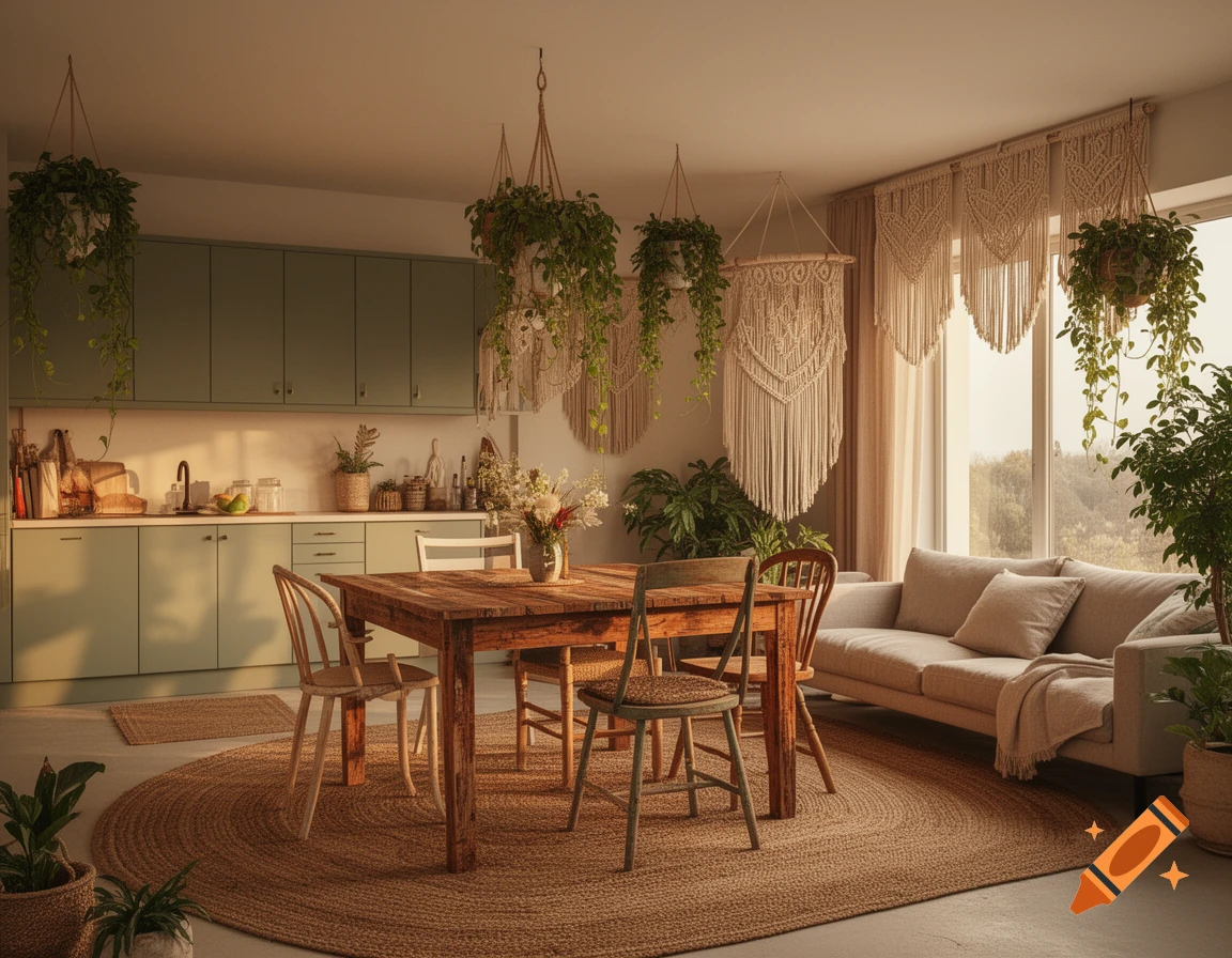 Photorealistic open-plan kitchen and living room in boho style with sage green cabinets, wooden dining table, sofa, and many plants.