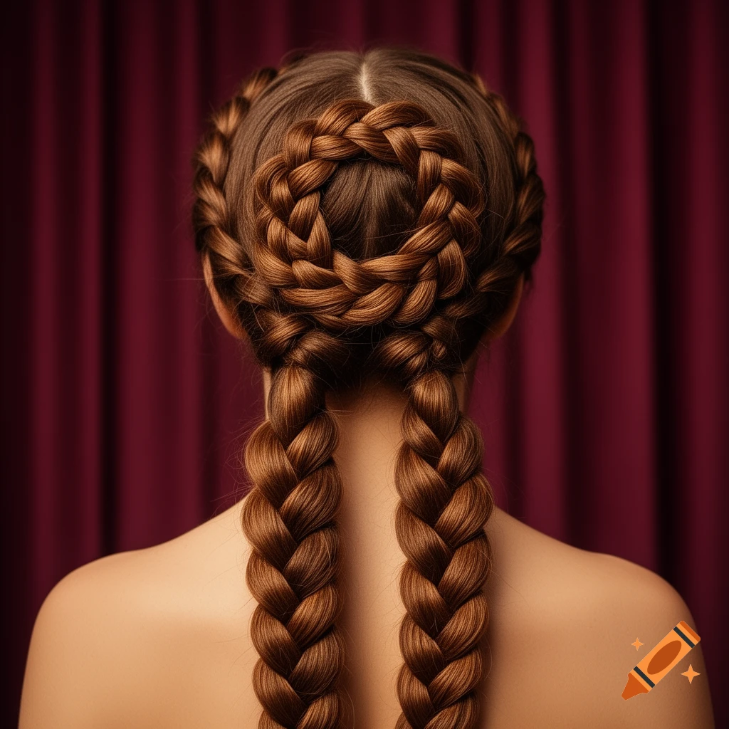A person's back with an intricate braided hairstyle featuring a crown braid and two long pigtails against a red curtain.