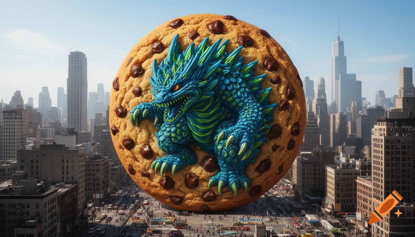 A colossal chocolate chip cookie with a blue and green kaiju monster made of frosting stands upright in a bustling city street, towering over buildings.
