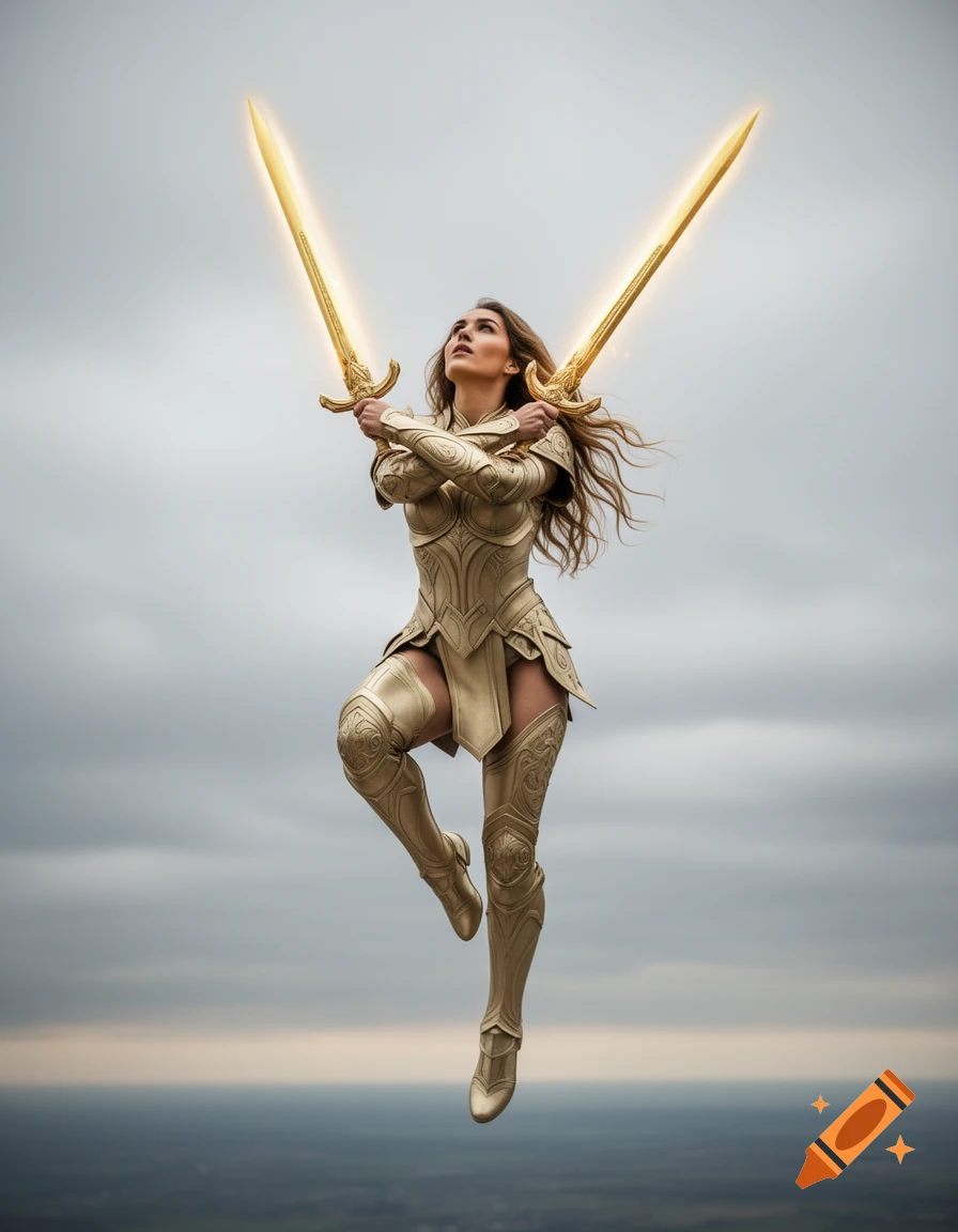 A warrior woman with long hair, wearing golden armor, floats in a cloudy sky, holding two glowing golden swords pointed upwards.