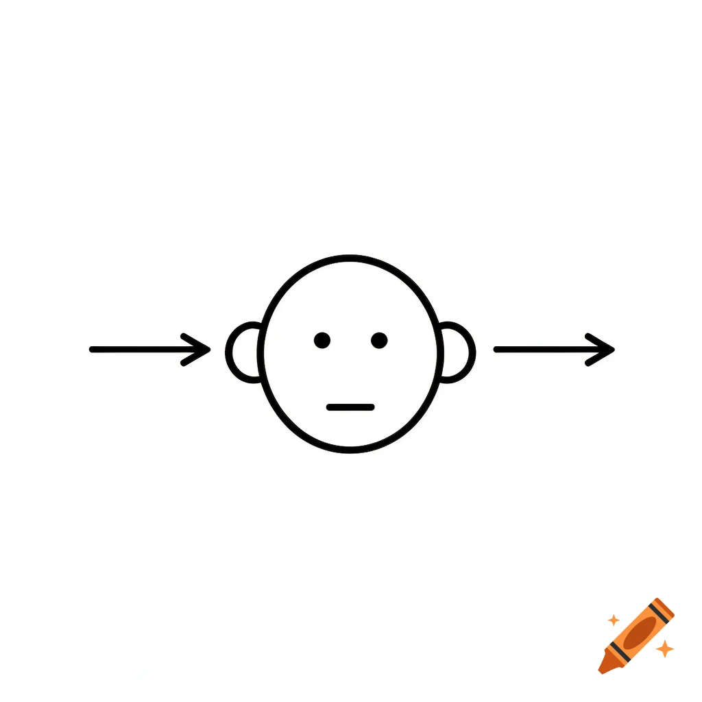 Minimalist line drawing of a head with arrows pointing horizontally from the ears.