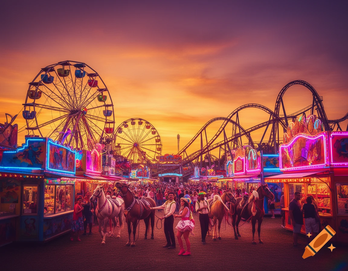 A vibrant carnival scene at sunset with illuminated rides, ferris wheels, roller coasters, people, and horses.