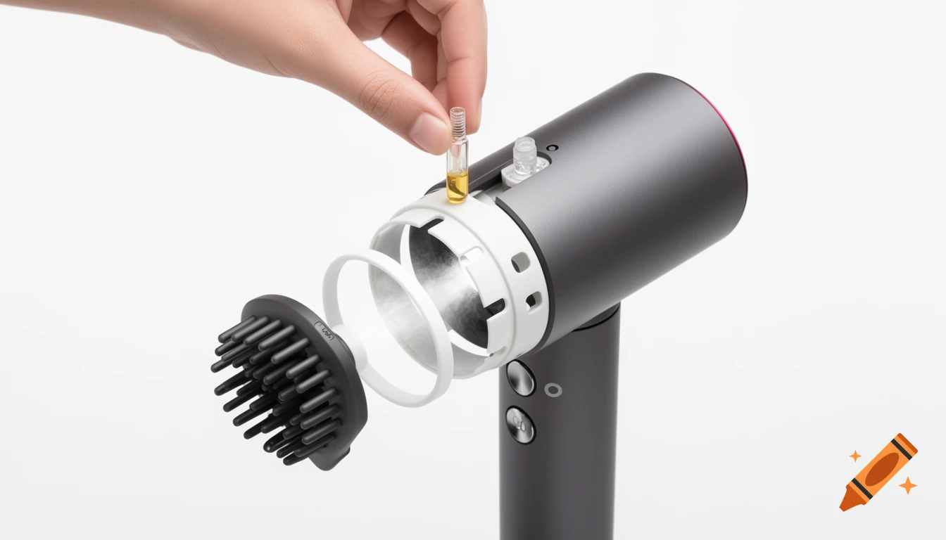 A hand inserts an essential oil capsule into a magnetic aromatherapy attachment for a Dyson Supersonic hairdryer, with a comb attachment, on a white background.
