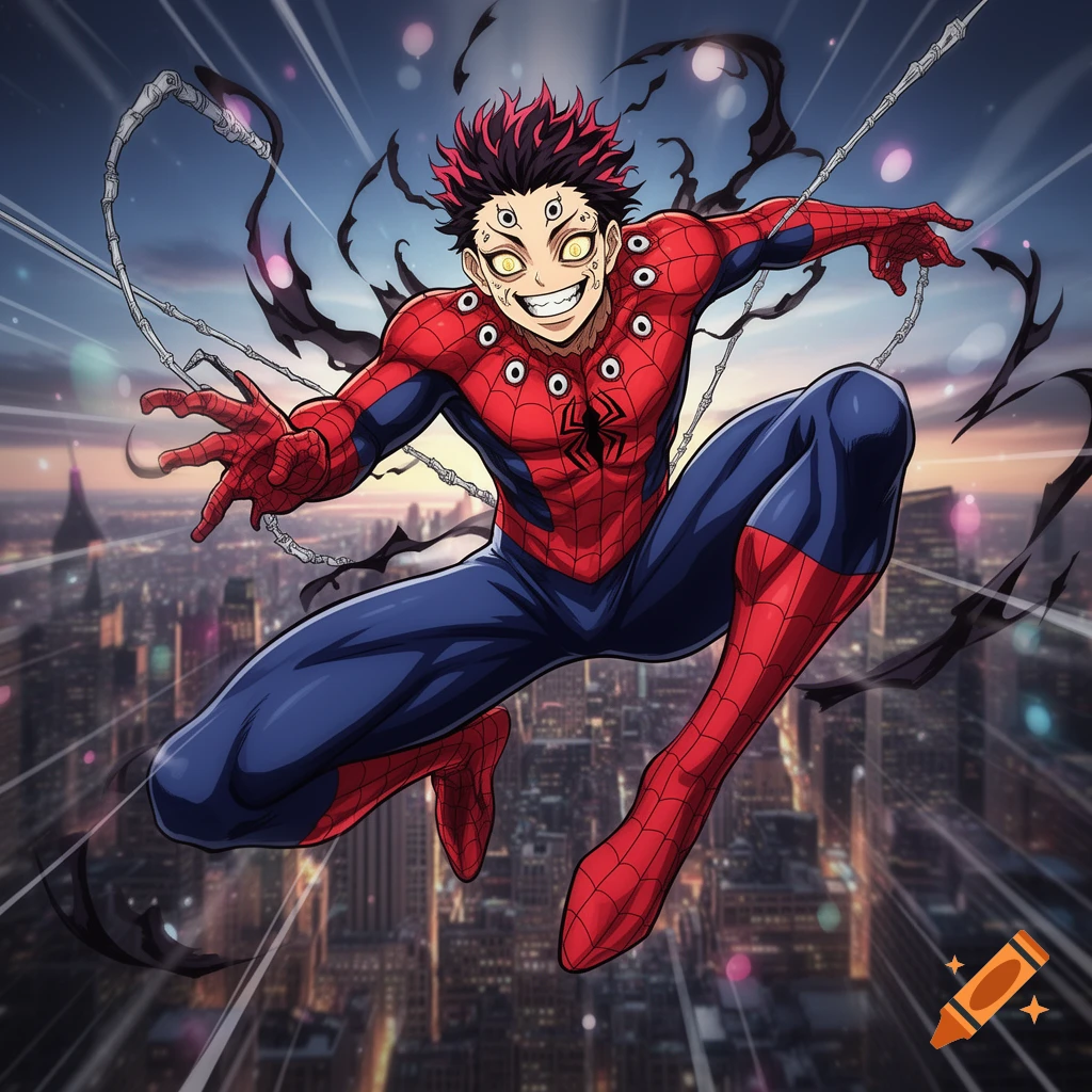 Animated Sukuna character in a red and blue Spider-Man costume with multiple eyes, leaping over a city skyline at dusk.