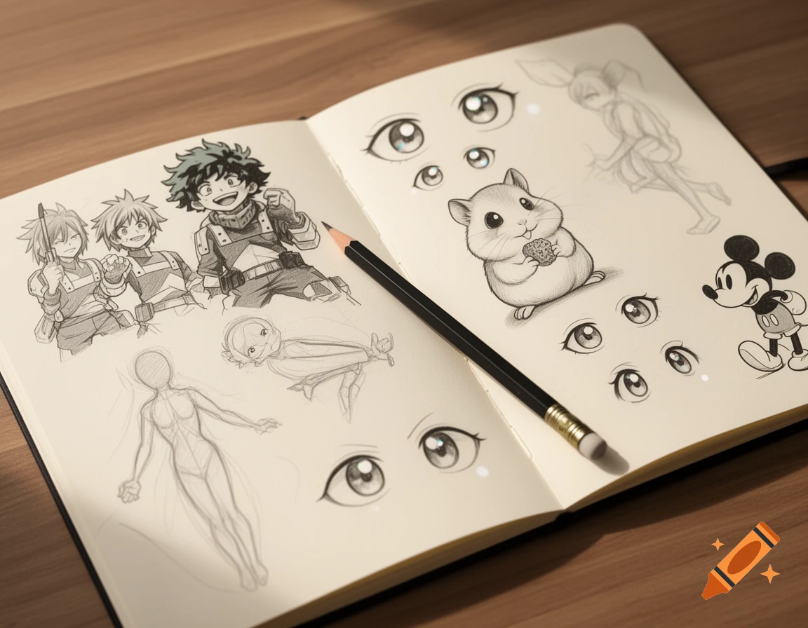 An open sketchbook on a wooden table with pencil doodles of My Hero Academia characters, a hamster, Mickey Mouse, anime eyes, and figure sketches, with a pencil.