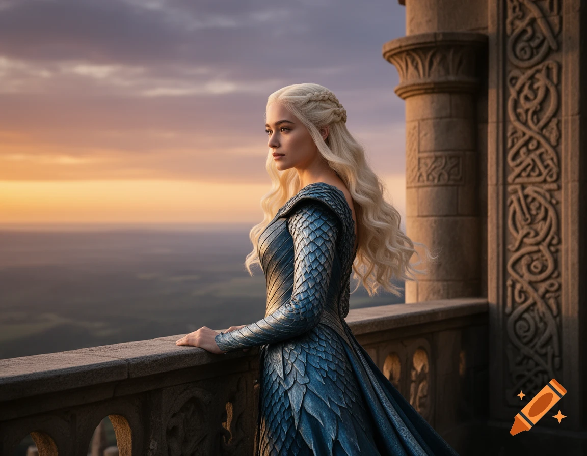 A woman with long blonde hair in a blue scaled dress stands on a stone balcony, overlooking a vast landscape at sunset.