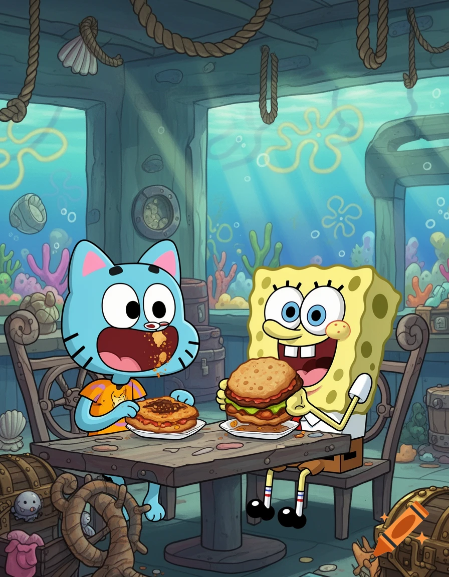 Gumball and Spongebob eating burgers at an underwater restaurant in a vibrant cartoon style.