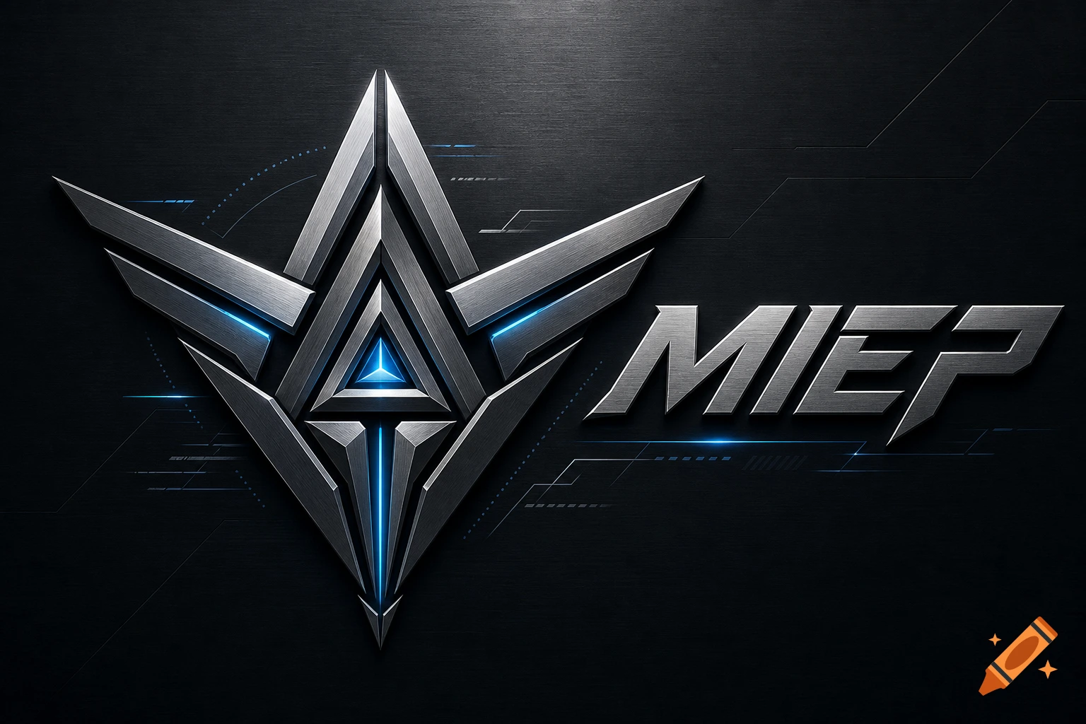 A metallic, angular logo with a central glowing blue triangle and the word MIEP in sharp, blocky font, on a brushed dark background.