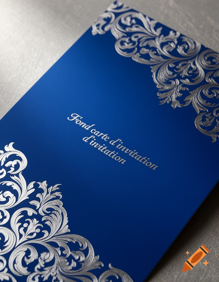 A royal blue invitation card with silver foil floral scrollwork in the corners and the text "Fond carte d'invitation d'invitation" in the center.