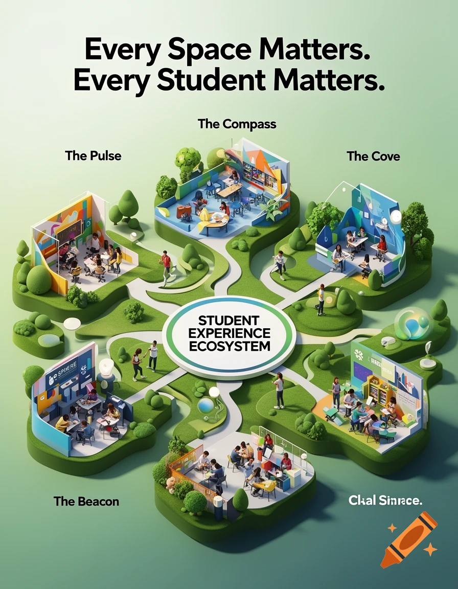 An isometric 3D infographic of a student campus ecosystem with connected spaces like The Pulse, The Compass, and The Cove, featuring students and green pathways.