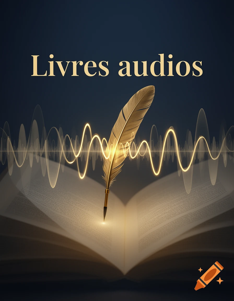 An open book with a golden quill and glowing sound waves above, with the text 'Livres audios' in golden letters.