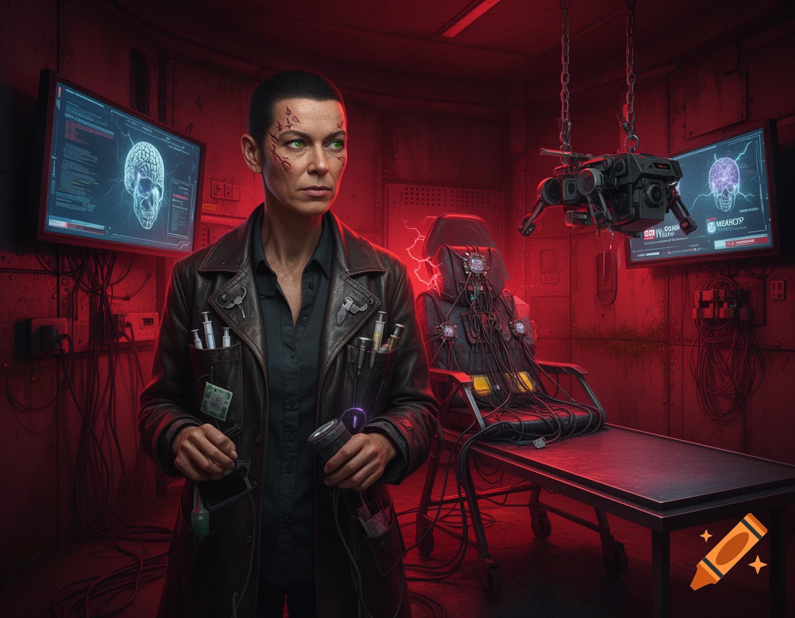A cyberpunk psychiatrist with scars and green eyes stands in a dimly lit, wired-up room with monitors showing brain scans and a wired-up chair and medical table.
