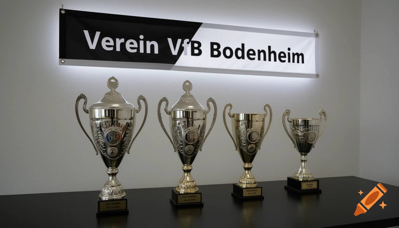 Four shiny silver and gold trophies stand on a black table beneath a banner displaying "Verein VfB Bodenheim".