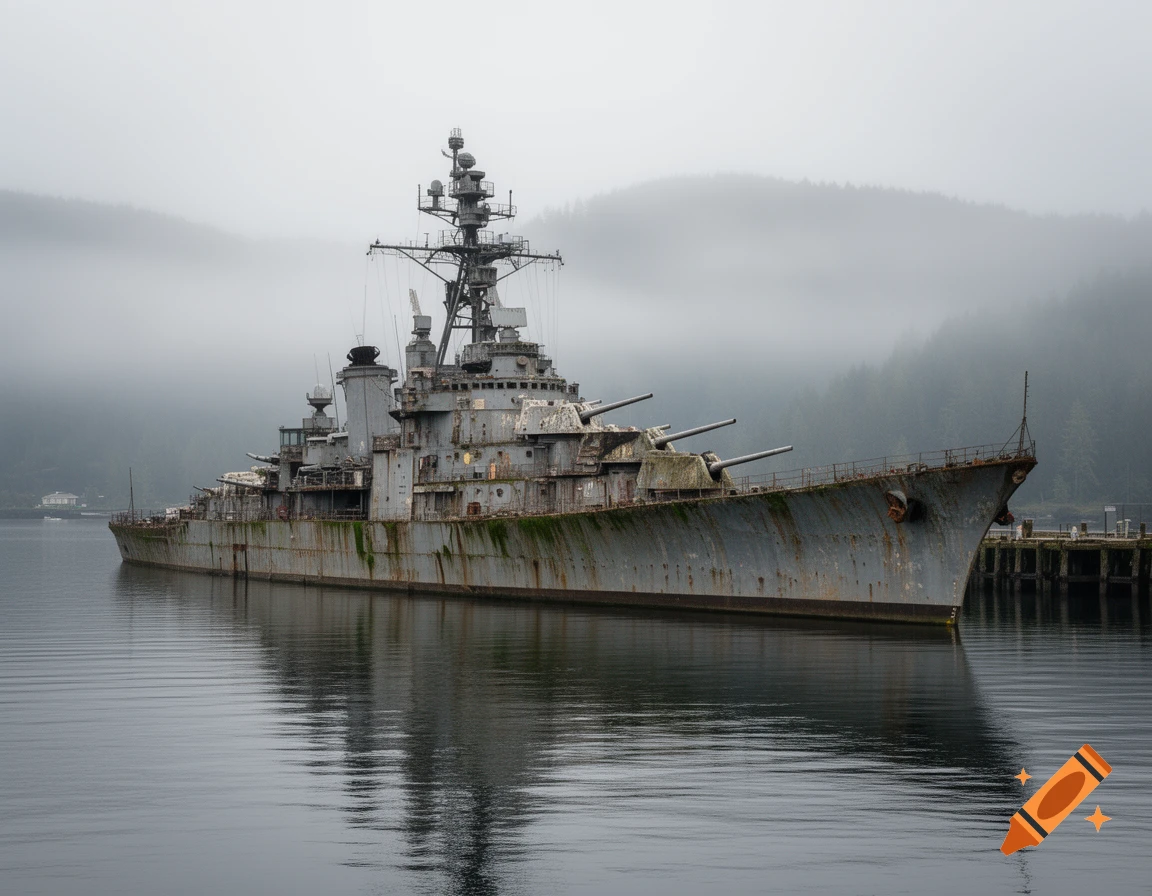 A weathered, decommissioned warship docked in calm, foggy water with forested mountains in the background.