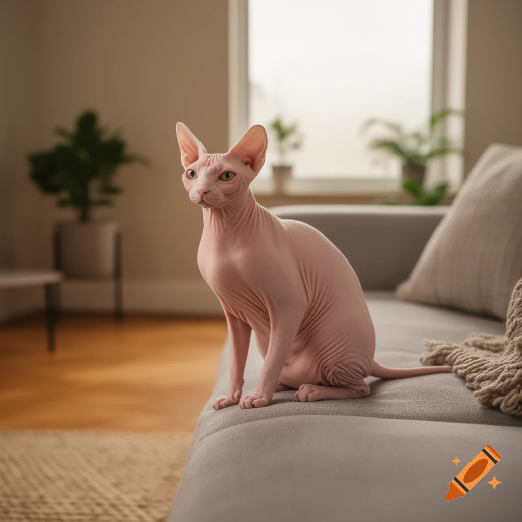 A photorealistic pink Sphynx cat with large ears sits upright on a gray couch in a bright, minimalist living room.