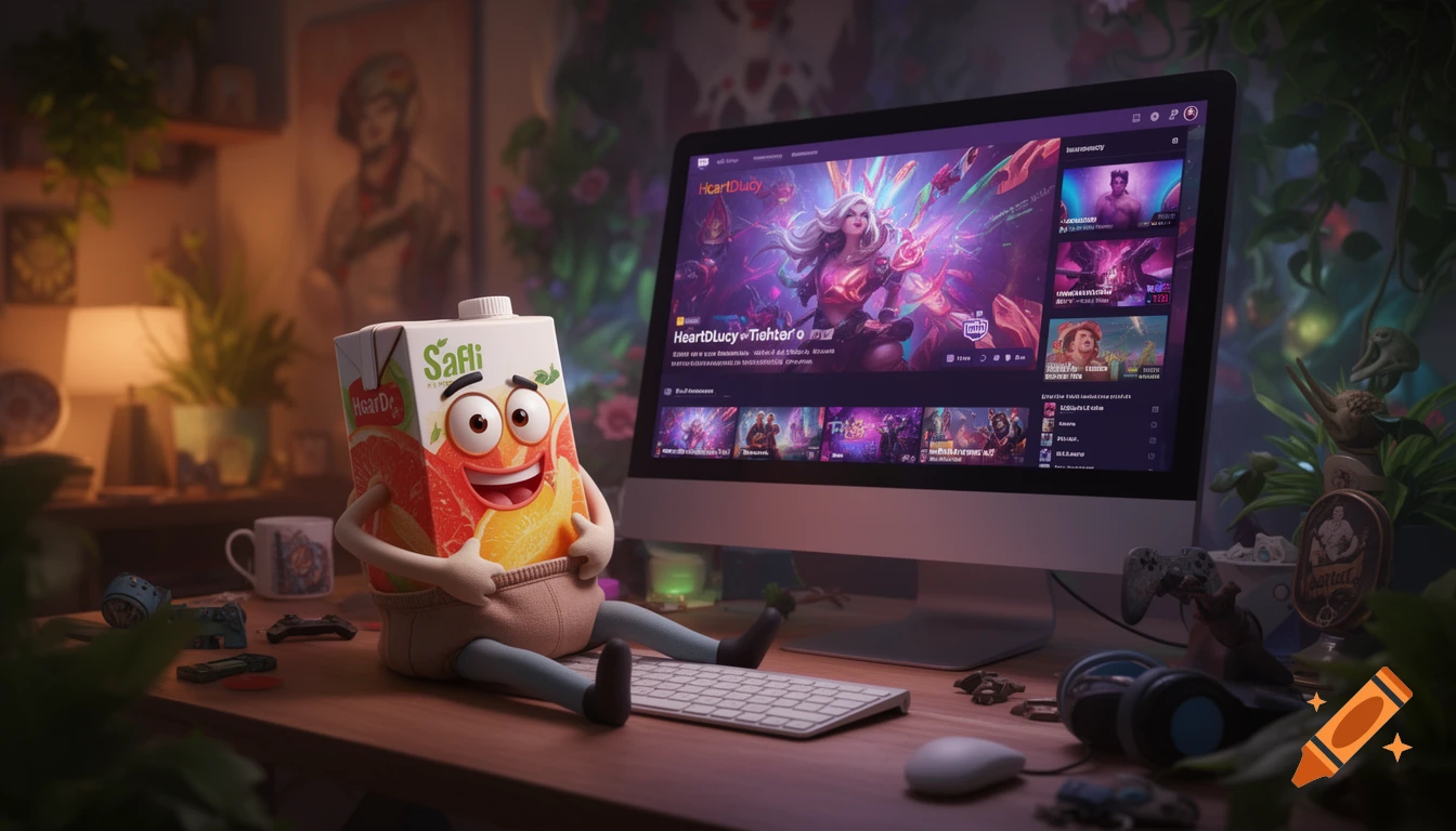 A cartoon juice carton character with a big smile sits on a desk, hands in its "pants" like Al Bundy, watching a Twitch stream on a computer monitor.