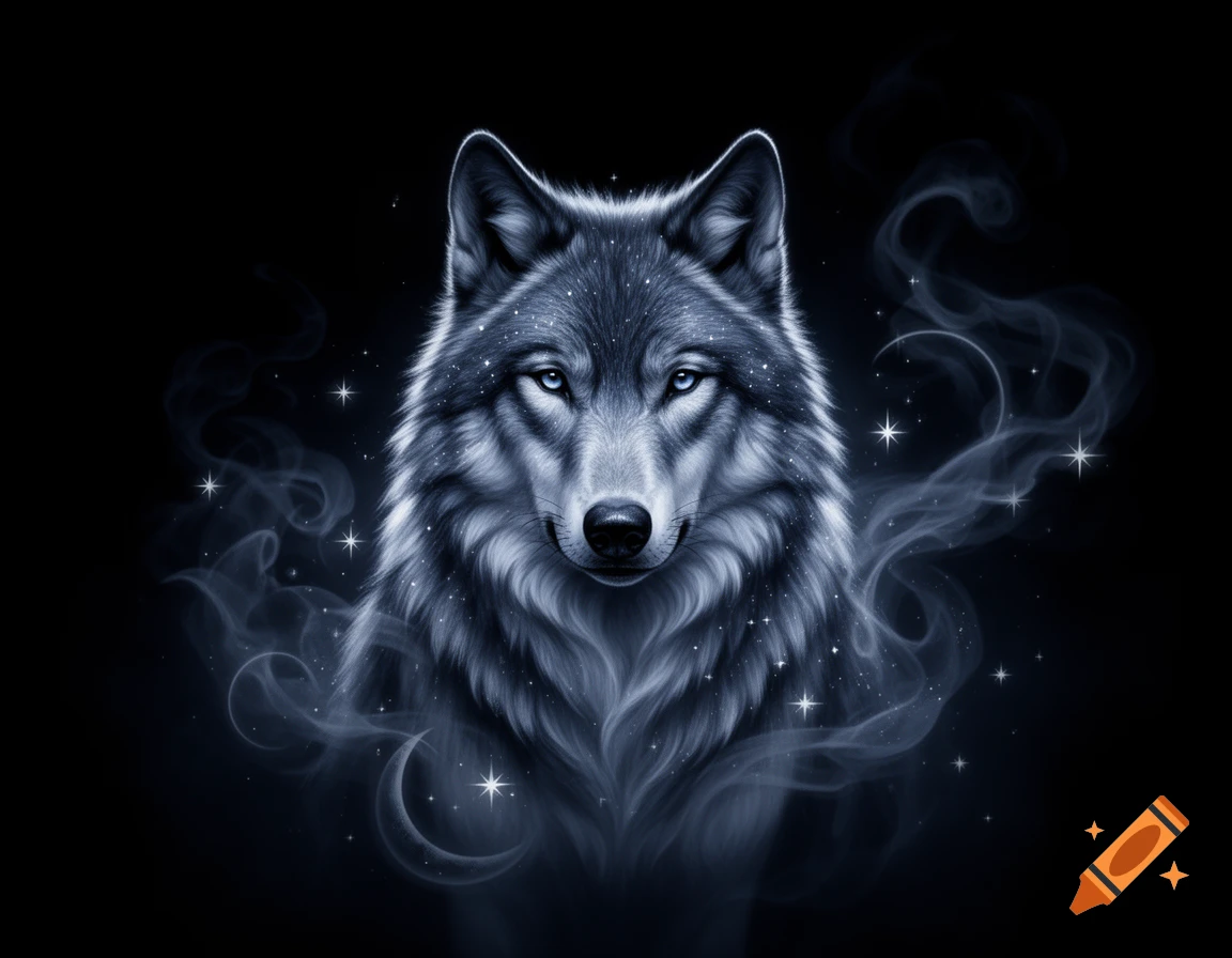 A stylized grey wolf head with piercing blue eyes, framed by ethereal smoke and twinkling stars on a black background. Digital illustration.