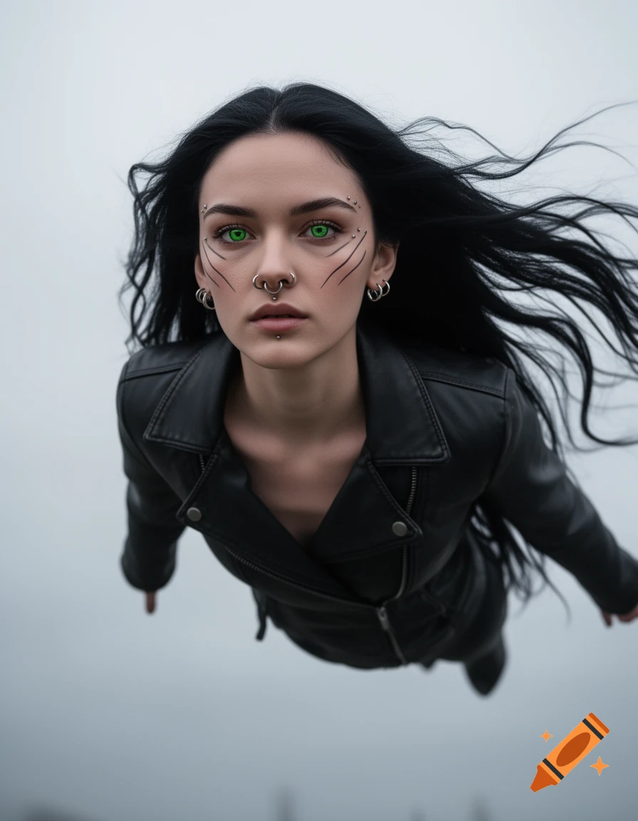 A woman with long black hair, glowing green eyes, facial piercings, and black lines on her face floats in a grey sky, wearing a leather jacket.