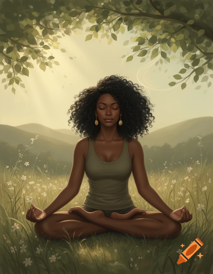 A Black woman with curly hair meditating in a lotus position in a sunny meadow under a tree, in a painterly style.