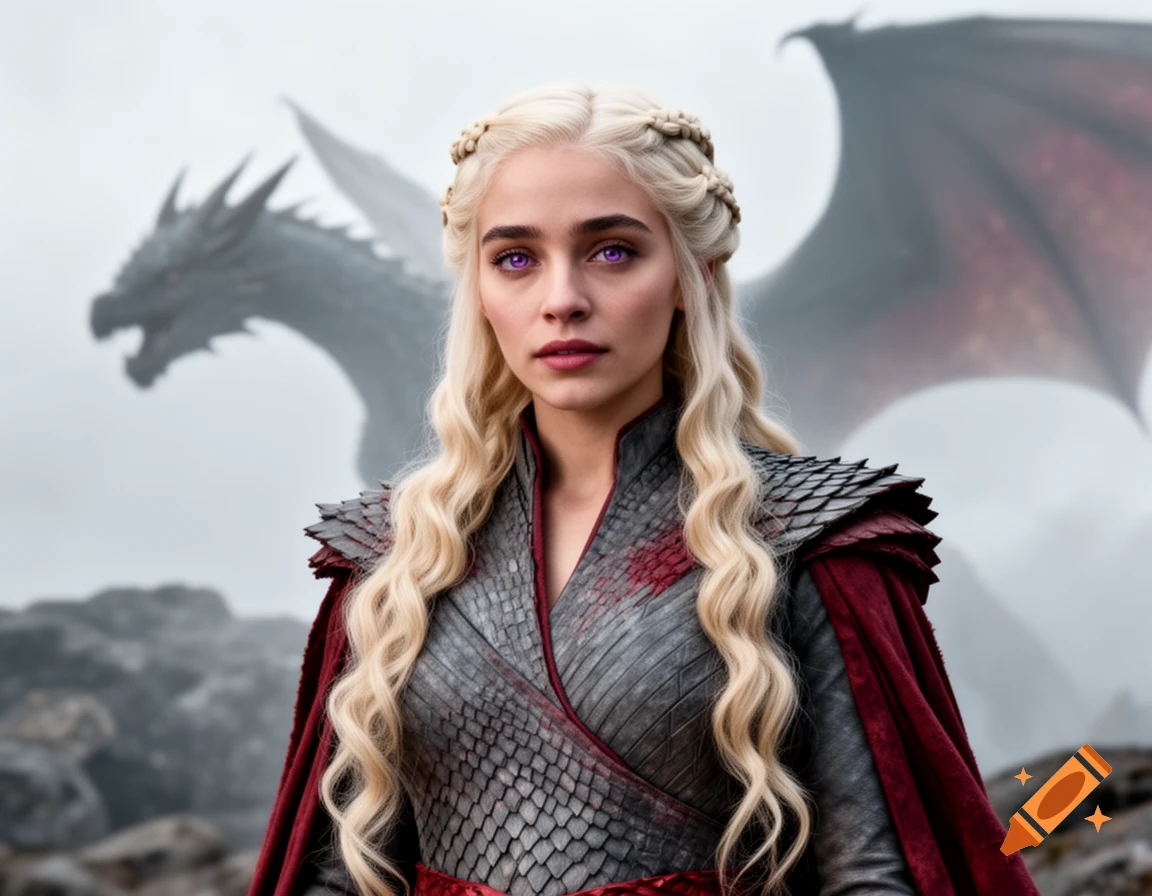 Photorealistic portrait of a blonde woman in scale armor and a red cape with purple eyes, a dragon in a misty background.