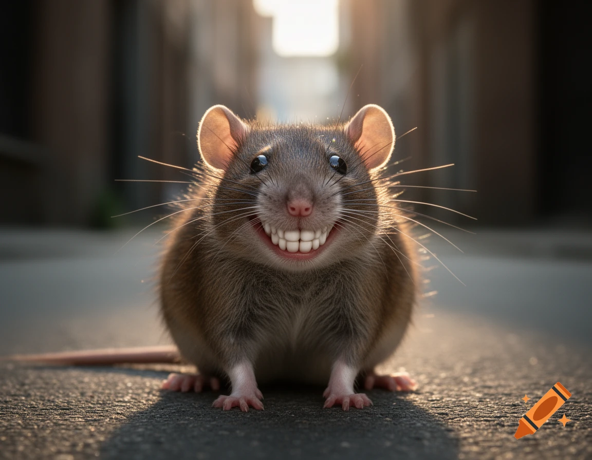 A photorealistic brown rat with bright eyes smiles widely, showing prominent human-like teeth while sitting on an asphalt path.