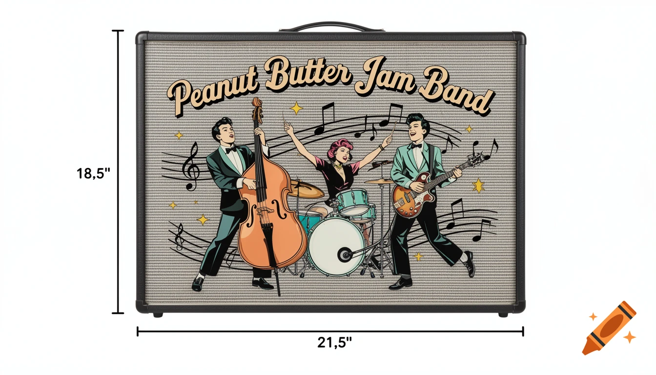 Rockabilly band illustration on a speaker grill with 'Peanut Butter Jam Band' text, musical notes, and sparkles.