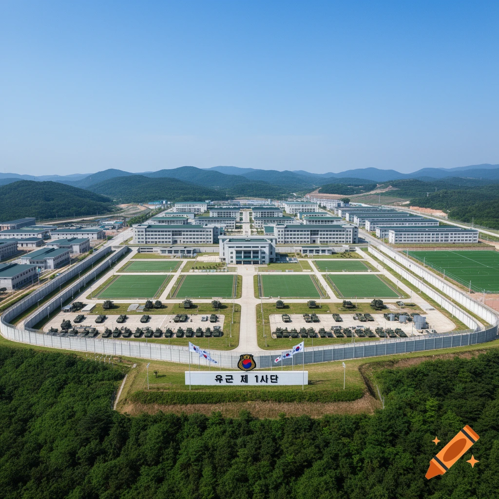 Aerial view of a large military base featuring buildings, parade grounds, rows of tanks, and a sign with Korean text.