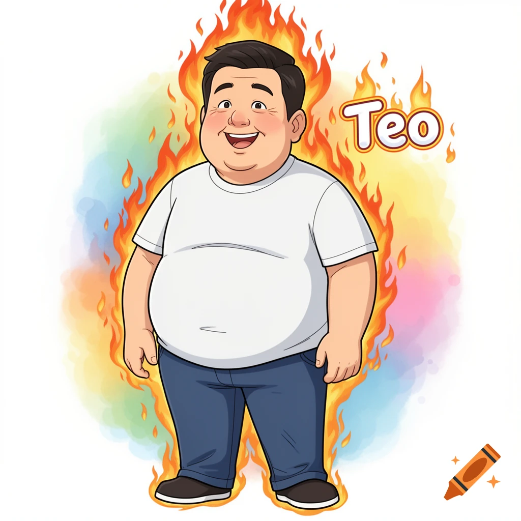 A cartoon man named Teo with a slightly rounded belly, smiling happily while engulfed in friendly flames, against a soft colorful background.