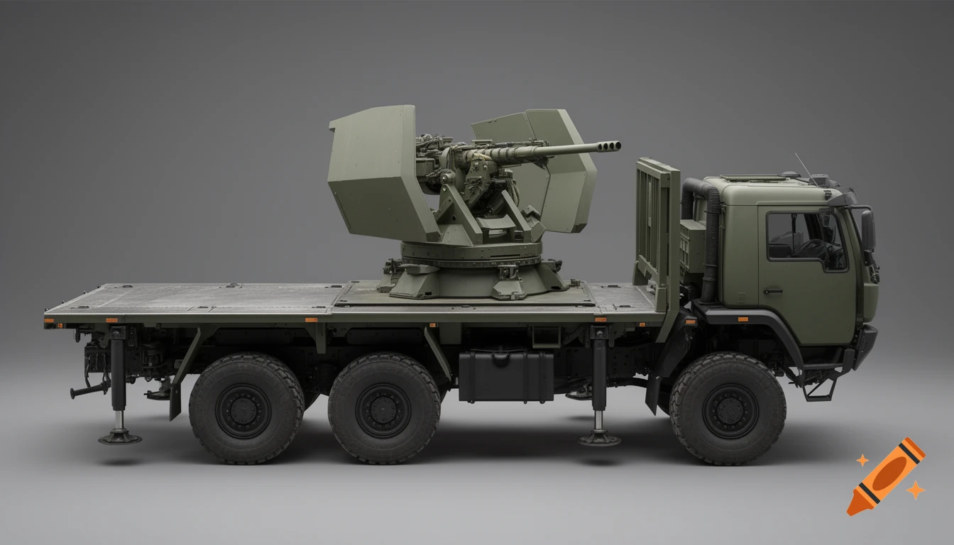 Photorealistic military utility vehicle with a large anti-tank gun turret on an open flat steel platform, on a neutral gray background.